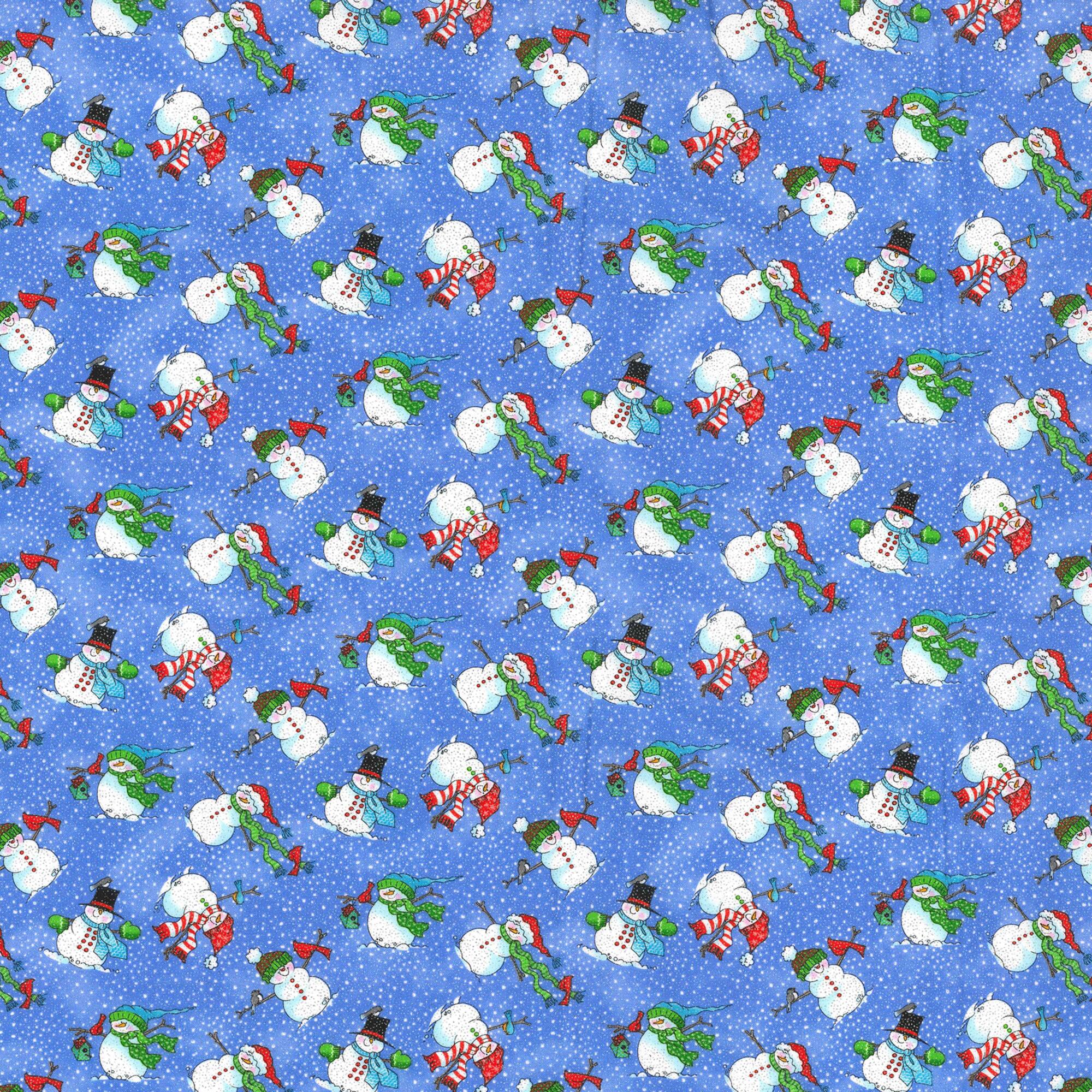 Fabric Traditions Christmas Snowmen Blue Glitter Cotton Fabric